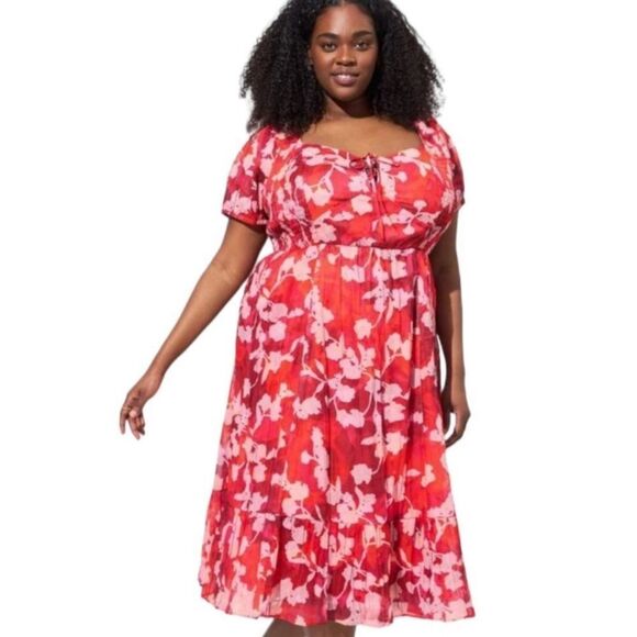 torrid Dresses & Skirts - Torrid Midi Cotton Clip Dot Lace Up Smocked Dress Red Floral Women’s XL 1XL